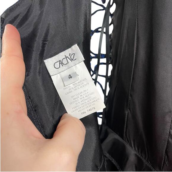 Beautiful Cache Dress Shiny Iridescent Blue Full Length 4 Vintage Lace Sides - Picture 9 of 9